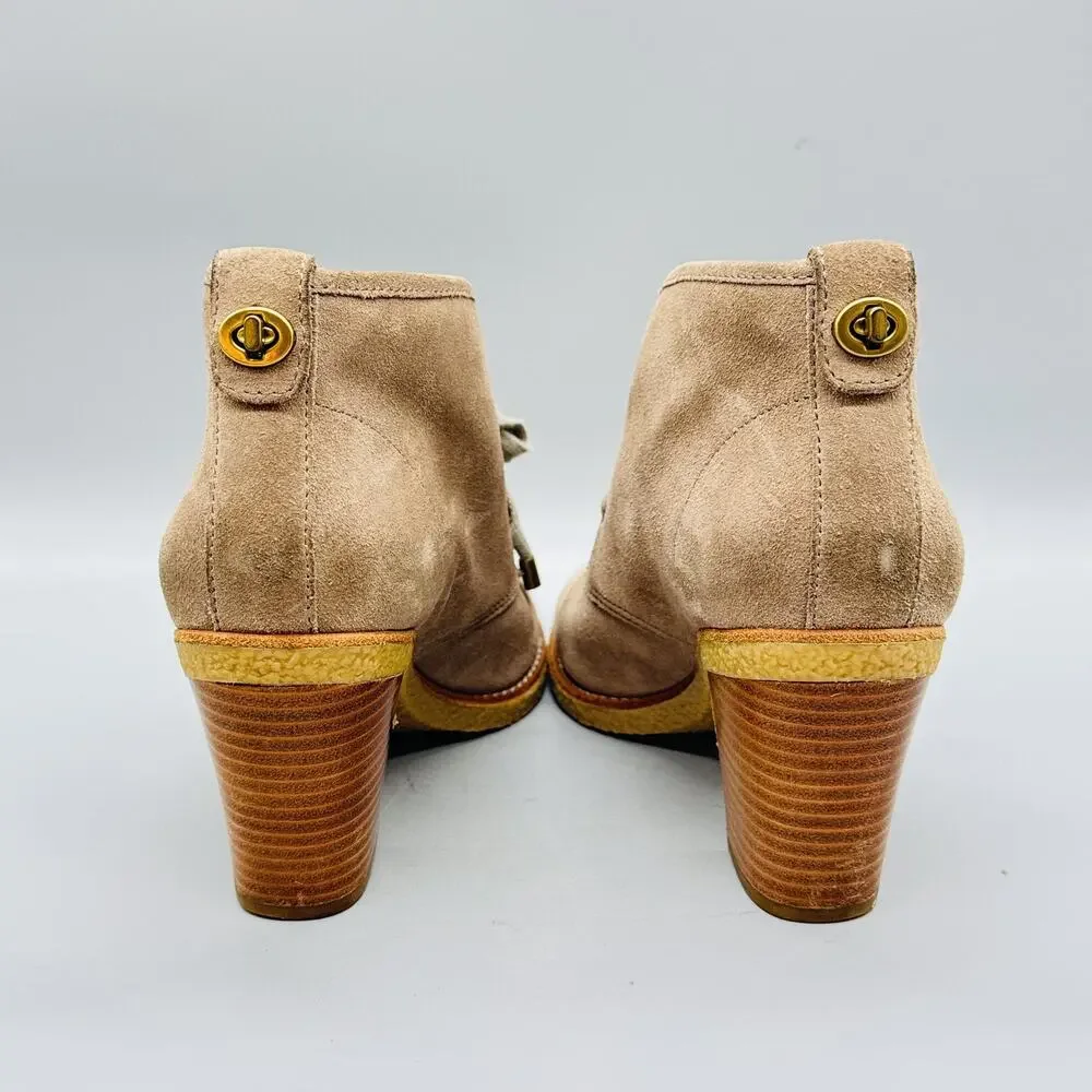Coach Boots Womens 8 Beige Suede Nikol Ankle Lace Up Block Heel Booties Shoes